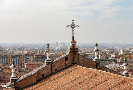 Cityscape of Bologna seen from the bell tower of the Metropolitan Cathedral of San Pietro (910 - XVIII century). Emilia-Romagna, Italy, Europeの写真素材