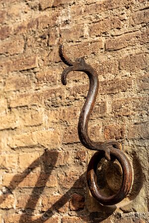 Ancient wrought iron ring in the shape of a snake or dragon for tying with rope the animals, horses, mules or cattle. Bologna downtown, Emilia-Romagna, Italy, Europeの写真素材