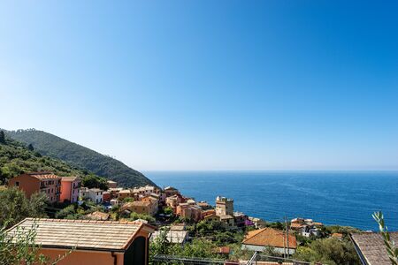 Framura village and Mediterranean Sea with the coastline. Cinque terre, La Spezia, Liguria, Italy,...