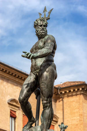 Closeup of the bronze statue of Neptune (1566), Roman God, fountain in Piazza del Nettuno, Bologna, Emilia-Romagna, Italy, Europe. Artist Giambologna (1529-1608)のeditorial素材