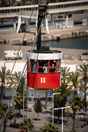 BARCELONA, SPAIN - JUNE 11, 2014: Overhead cable car from la Barceloneta to the Montjuic hill....