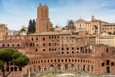 Markets of Trajan, Rome (Mercati di Traiano, Italian) and Torre delle Milizie, ancient Roman buildings built with bricks, Quirinal hill, Roman Forum. UNESCO world heritage site, Latium, Italy, Europeのeditorial素材