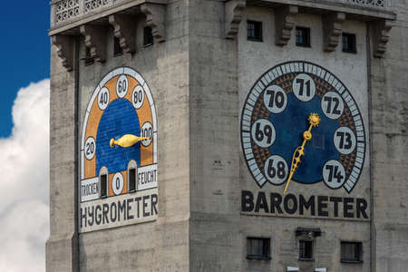 Close-up of the weather tower station (Wetterturm) with barometer and hygrometer of the Deutsches Museum, Munich, Bavaria, Germany, Europeのeditorial素材