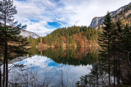 Lago di Tovel, small and beautiful lake in Italian Alps, National Park of Adamello Brenta. Trentino...