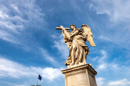 Rome, Marble statue of an angel of the Ponte SantâAngelo near Castel SantâAngelo. Bridge over the river Tiber in downtown. Lazio, Italy, Europe.の写真素材