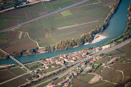 Aerial view of Adige Valley from the Mountain peak of Corno d'Aquilio with the small village of...