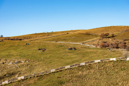 Group of hikers relax on green meadows on the Lessinia Plateau, Regional Natural Park, Alps, Verona...