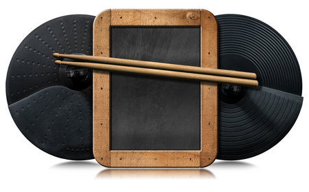 Two black cymbals of an electronic drum kit, a pair of wooden drumsticks and an empty blackboard with copy space, isolated on white background with reflections. Percussion instrument concept.の写真素材