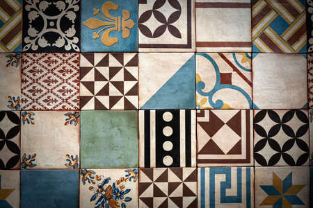 Closeup of a background with colorful ceramic tiles, Mediterranean region, Barcelona, Spain, Europe.