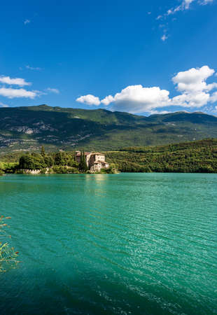 Lake Toblino with the medieval castle, small alpine lake in Trentino Alto Adige, Madruzzo, Italy, Europeのeditorial素材