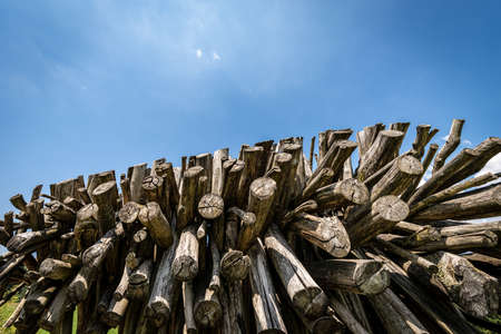 Closeup of firewood on clear blue sky with copy space, photography, full frame.