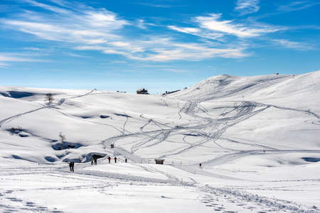 Skiers and hikers on the cross-country ski tracks and on the snowy footpath, in winter on the Lessinia Plateau, Regional Natural Park, near Malga San Giorgio, ski resort, Verona, Veneto, Italy, Europe.の写真素材