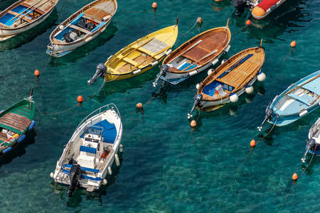 The harbor of Vernazza village with small boats, Cinque Terre (UNESCO world heritage site), Mediterranean Sea, La Spezia province, Liguria, Italy, South Europeのeditorial素材