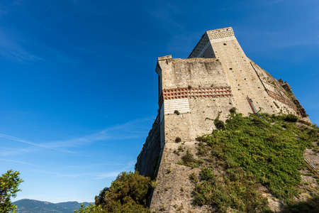 Closeup of the ancient Castle of Lerici town (1152-1555). Tourist resort on the coast of the Mediterranean sea (Ligurian Sea), Gulf of La Spezia, Italy, Europe.のeditorial素材
