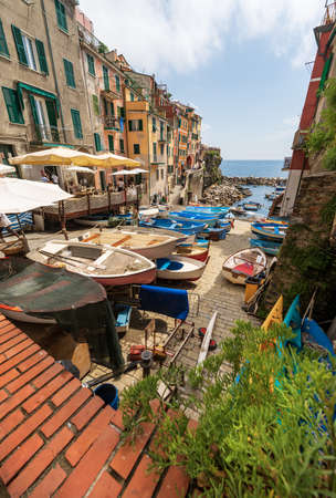 The famous Riomaggiore village, Cinque Terre National Park in Liguria, La Spezia, Italy, Europe....