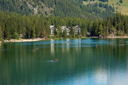 Pragser Wildsee or Lago di Braies, small alpine beautiful lake in Braies valley, Dolomites, UNESCO world heritage site, South Tyrol, Trentino-Alto Adige, Bolzano province, Italy, Europe.のeditorial素材