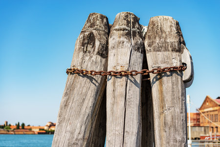 Venice Lagoon, close-up of a group of large wooden poles implanted in the seabed called Briccola or Bricola (Dolphin), used to indicate the viable routes in the sea to boats. Veneto, Italy, Europe.の写真素材