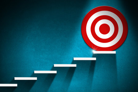 3D illustration of a stair with white steps on a blue wall with a target on the last step, ladder of success or standing out from the crowd, Goal concept.の写真素材
