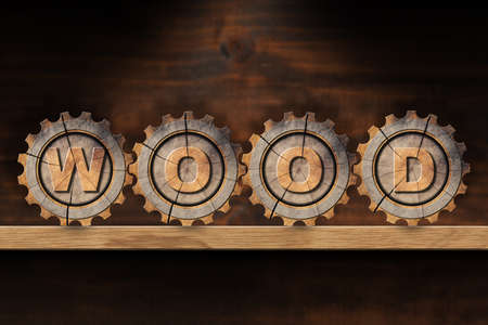 3D illustration of four cogwheels on a wooden shelf with text wood and copy space. Lumber industry concept.の写真素材