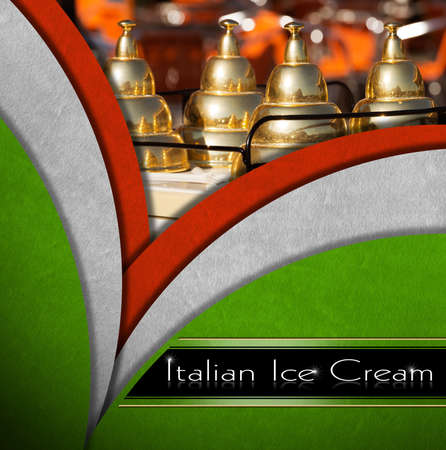 Background with italian flags and a detail of an typical ice cream cart. Template for a ice cream menuの写真素材