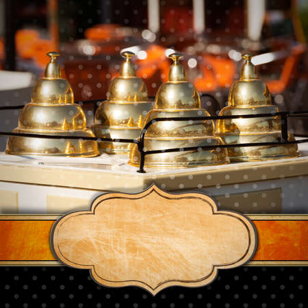 Vintage background with detail of an ice cream cart and empty label with an orange band. Template...