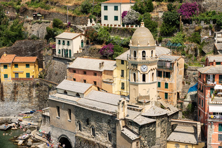 Vernazza village with the church of Santa Margherita di Antiochia. Cinque Terre, national park in Liguria, La Spezia province, Italy, Europe. UNESCO world heritage siteのeditorial素材