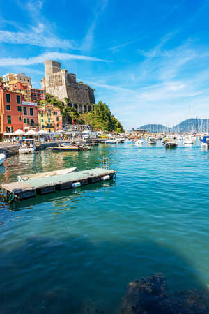 Ancient Castle of Lerici town (1152-1555) and the port with many boats moored. Tourist resort on the coast of the Gulf of La Spezia, Mediterranean sea (Ligurian Sea), Liguria, Italy, Europe.のeditorial素材