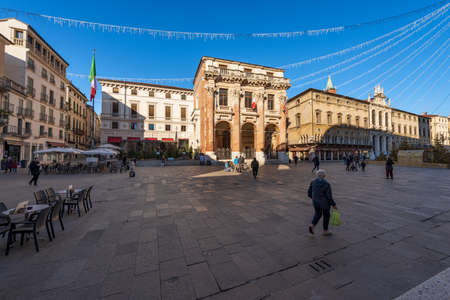 Town square of Vicenza called Piazza dei Signori, Palace called Palazzo del Capitaniato, Church of San Vincenzo and the Palace of Monte di Pieta, Veneto, Italy, Europe.のeditorial素材