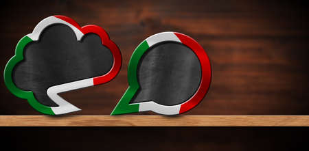 3D illustration of two empty speech bubbles with Italian flag on a wooden shelf with copy space for...
