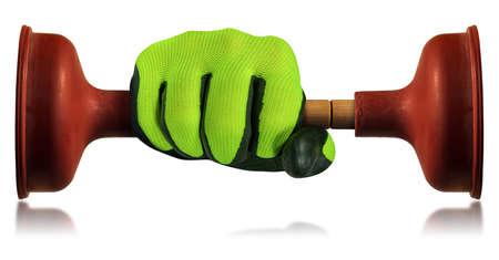 Hand with green and black protective work glove, holding two red rubber plungers with wooden handle, isolated on white background with reflections.の写真素材