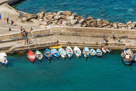 Aerial view of the small port of the ancient Vernazza village. Cinque Terre, National park in Liguria, La Spezia province, Italy, Europe. UNESCO world heritage site.のeditorial素材