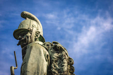 Habsburg monument of the Napoleonic Wars with an Austrian soldier (1809) in Tarvisio, Friuli-Venezia Giulia, Italy, Europe. Made by the sculptor from Carinthia Josef Valentine Kassin (1856-1931)のeditorial素材