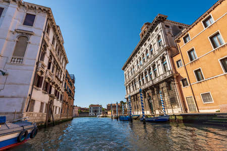 Venice cityscape view from a ferry. Cannaregio Canal and Grand Canal (Canal Grande) with ancient palaces, UNESCO world heritage site, Venetian lagoon, Veneto, Italy, Europe.のeditorial素材