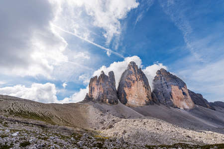 Drei Zinnen or Tre Cime di Lavaredo (three peaks of Lavaredo), north face, the famous mountain peaks of the Sesto Dolomites, UNESCO world heritage site, Trentino-Alto Adige and Veneto, Italy, Europe.のeditorial素材