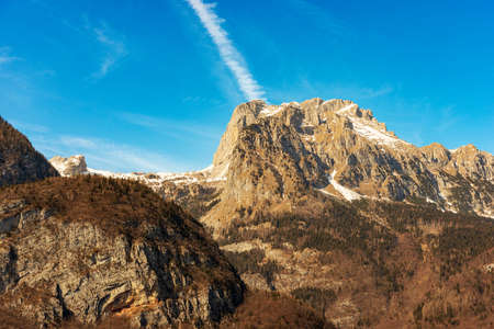 Mountain range and peaks of Brenta Dolomites, National Park of Adamello Brenta view from Molveno lake in winter. UNESCO world heritage site, Trentino Alto Adige, Trento province, Italy, Europe.のeditorial素材