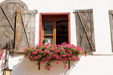Close-up of an ancient window with metal shutters and red geranium flowers. Small village of...