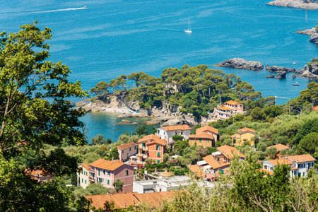 Aerial view of Fiascherino beach, tourist resort on the coast of the Gulf of La Spezia or Gulf of Poets, Lerici municipality, Liguria, Mediterranean sea, Italy, southern Europe.の写真素材