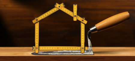 Dirty concrete trowel and a yellow and orange wooden folding ruler in the shape of house on a wooden...