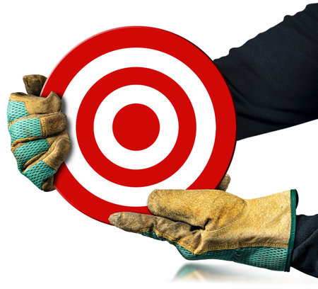 Manual worker with protective work gloves holding a red and white target, isolated on white...