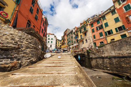The famous Riomaggiore village, view from the small port, Cinque Terre National Park in Liguria, La Spezia, Italy, Europe. UNESCO world heritage site.のeditorial素材