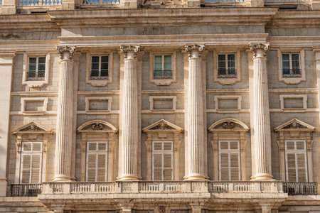 Close-up of Madrid Royal Palace in Baroque style (full frame), in the past used as the residence of the King of Spain, Calle de Bailen, Community of Madrid, Spain, southern Europe.のeditorial素材