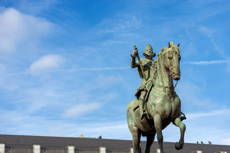 Close-up of the bronze statue of King Philip III on Horseback (Felipe III or Felipe el Piadoso), in Plaza Mayor (main square), Madrid downtown, community of Madrid, Spain, southern Europe.のeditorial素材