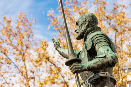 Closeup of the bronze statue of Don Quixote de la Mancha, part of the monument to Miguel de Cervantes, 1929, in Plaza de Espana, Madrid downtown, Spain, southern Europe.のeditorial素材
