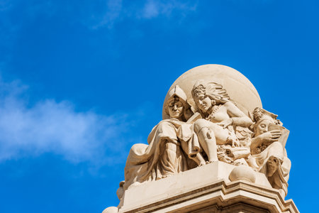 Closeup of the monument and fountain to Miguel de Cervantes, in Plaza de Espana (Spain square), Madrid downtown, community of Madrid, Spain, southern Europe.のeditorial素材