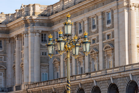 Close-up of an old street lamp post (street light) of the Madrid Royal Palace, in the past used as the residence of the King of Spain, Plaza de la Armeria, Community of Madrid, Spain, southern Europe.のeditorial素材