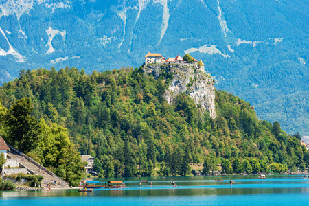 Medieval Bled Castle (Blejski grad), 11th century, coast of Lake Bled (Blejsko jezero) on a sunny summer day. Bled town, Gorenjska (Upper Carniola), Triglav National Park, Slovenia, central Europe.のeditorial素材