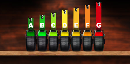 House energy efficiency rating concept. Group of tape measures with green, yellow, orange and red colors, on a wooden shelf, home interior.の写真素材