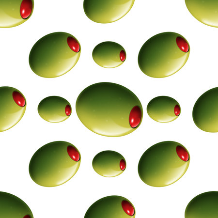 Seamless pattern with green olives stuffed with red pepper (chilli), isolated on white background, 3d illustration.の写真素材
