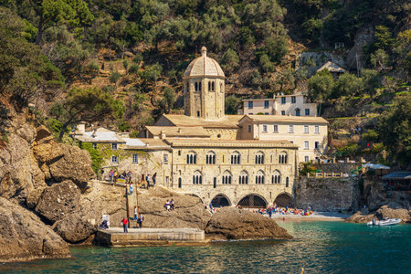 Ancient San Fruttuoso abbey and museum, X-XI century, place of worship between Portofino and Camogli, Genoa province (Genova), Liguria, Italy, Europe.のeditorial素材