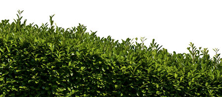 Close-up of green leaves of a hedge isolated on white background, photography.